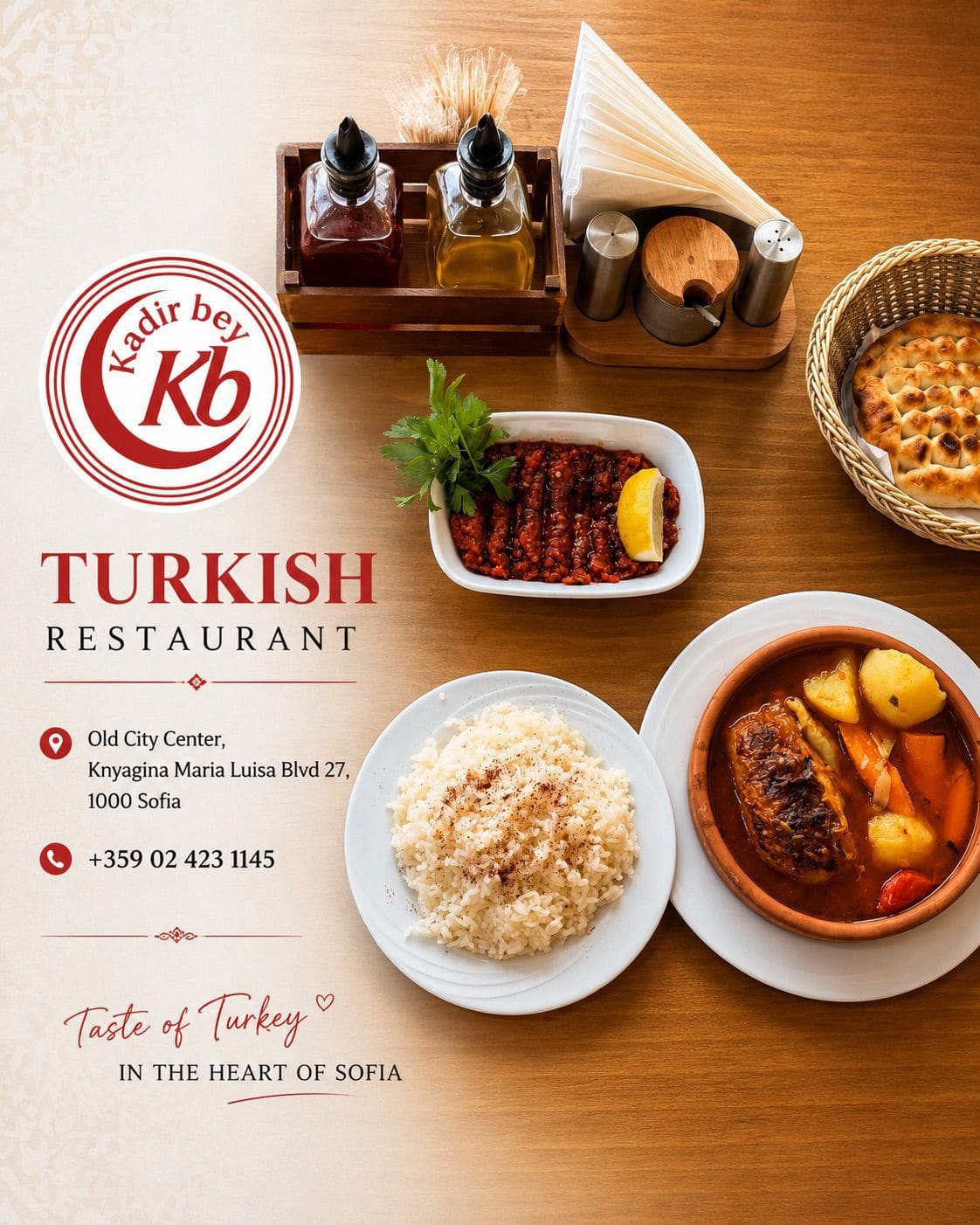 Ezme, pilav ve güveçte et yemeği